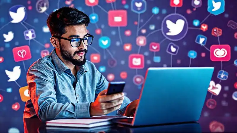 Estudiante de teología en línea con tecnología y color
