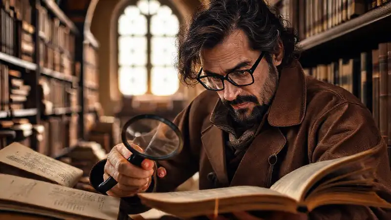 Historia analizando documentos con lupa en biblioteca
