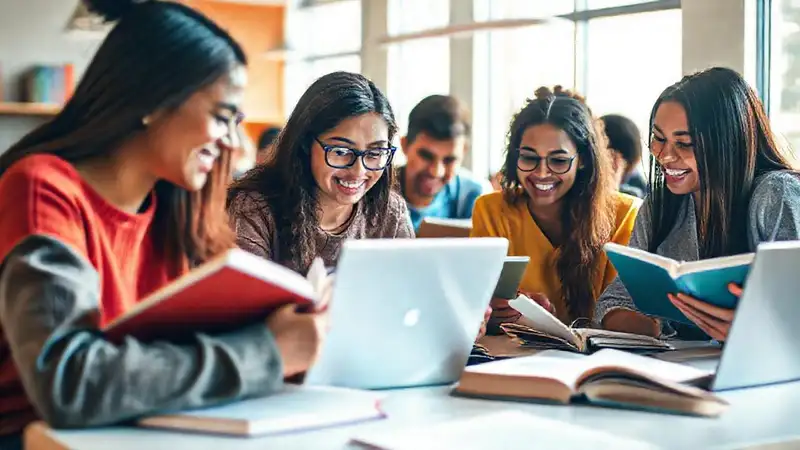 Estudiantes colaborando en un aula moderna