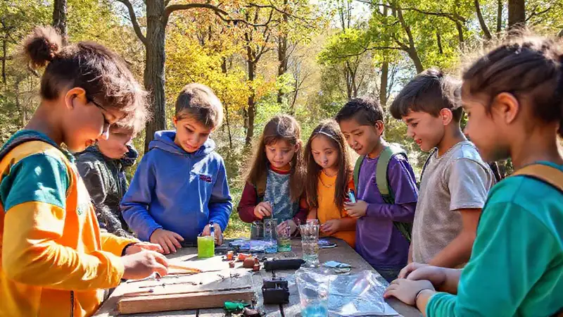 Estudiantes aprenden al aire libre con naturaleza