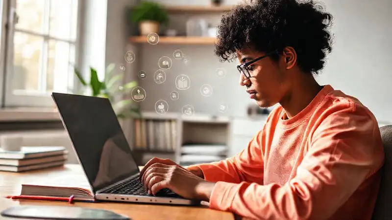 Estudiante estudia en un espacio moderno e inspirado