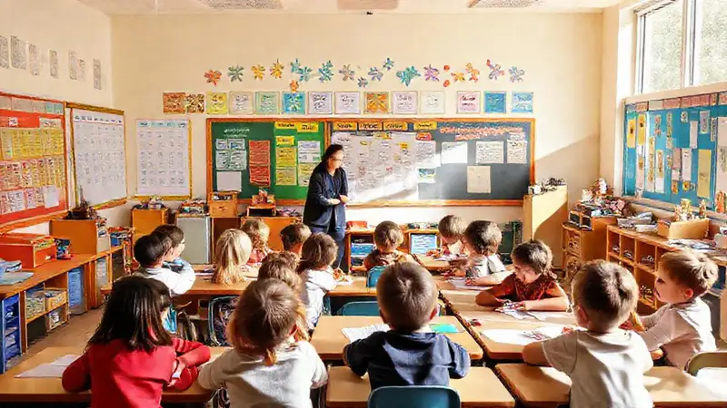 Aula escolar llena de niños y color