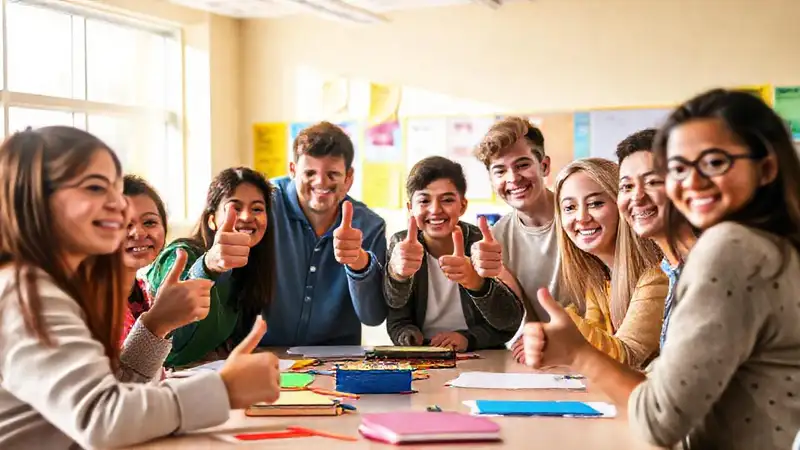 Estudiantes colaborando y sonriendo en clase