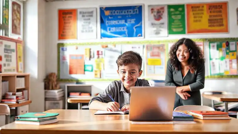 Estudiante en aula motivadora con maestro sonriente