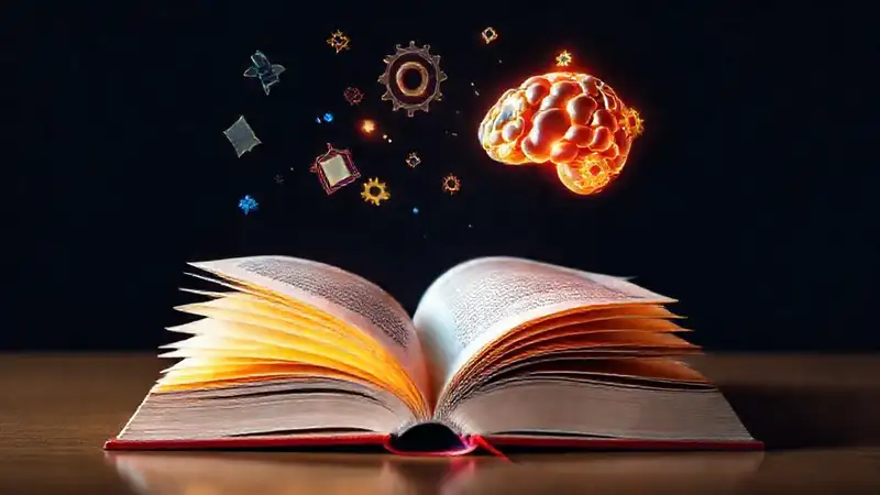 Libro abierto con símbolos y cerebro brillante