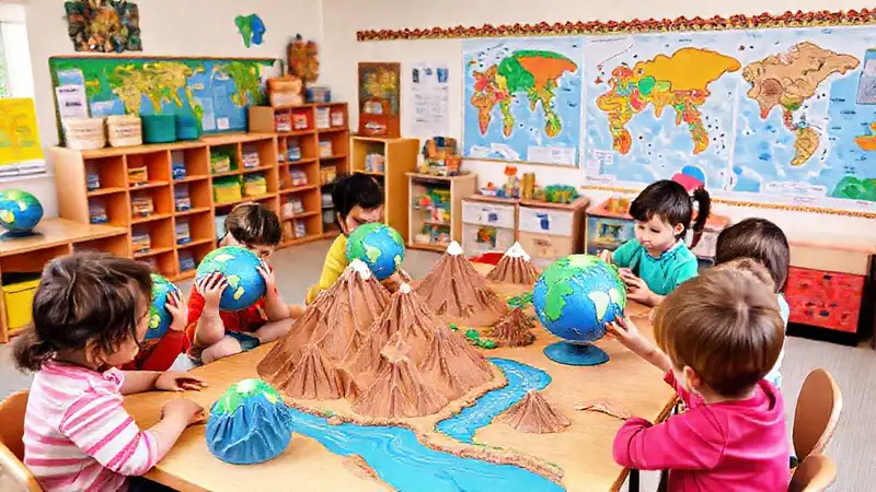 Aula colorida con niños creando modelos didácticos
