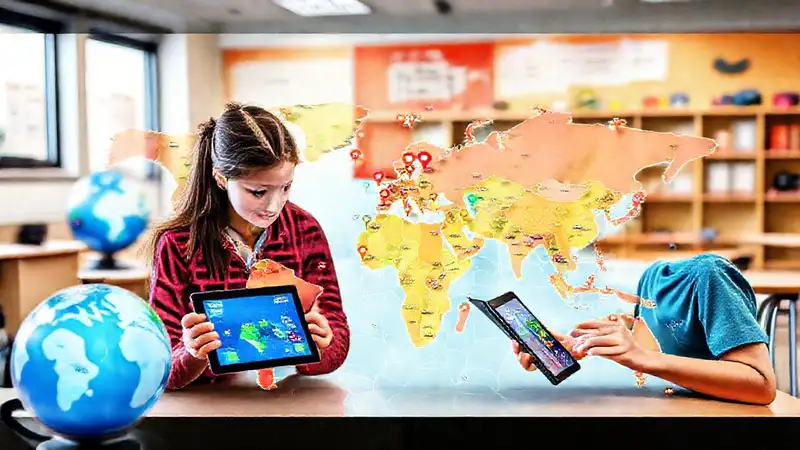Mapa educativo con tecnología y geografía moderna