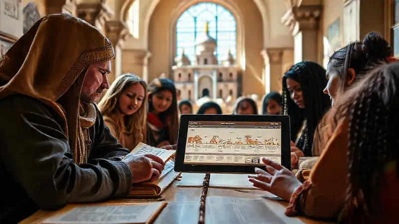 Biblioteca con tecnología y letras antiguas