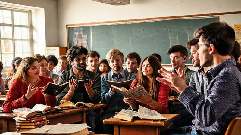 Estudiantes debaten activamente en aula vibrante