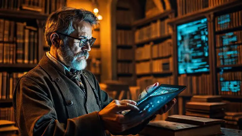 Investigador histórico con tecnología y libros antiguos