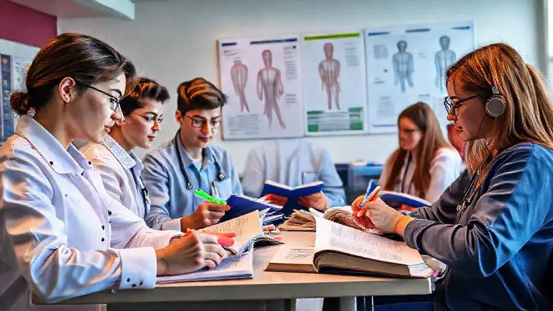Estudiantes estudiando en aula moderna y vibrante