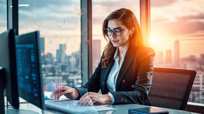Mujer profesional analizando datos en oficina moderna