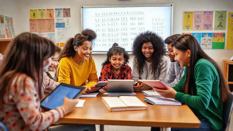 Estudiantes diversos aprenden con tecnología y motivación