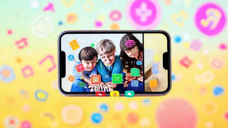 Pantalla de smartphone con íconos educativos coloridos