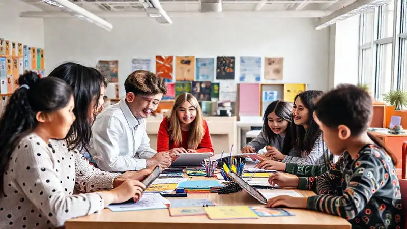 Estudiantes colaboran en aula moderna y colorida