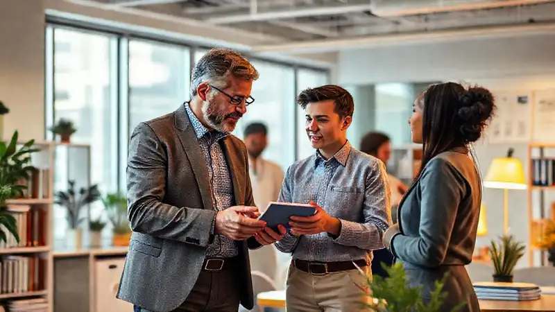 Mentor y joven psicólogo en oficina moderna
