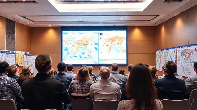 Asistentes en conferencia con mapas y debates