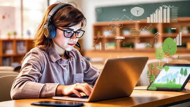 Estudiante con tecnología en aula moderna