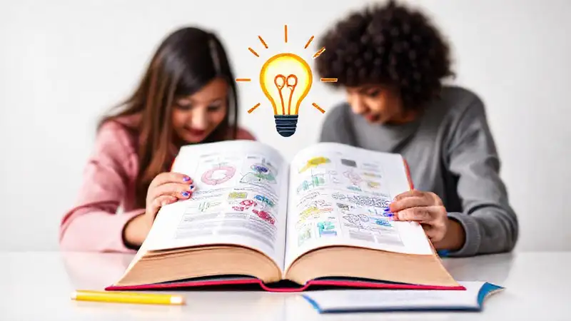 Libro colorido y estudiantes motivados en estudio