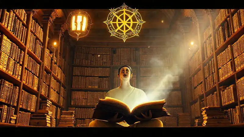 Biblioteca antigua con símbolos espirituales y luz