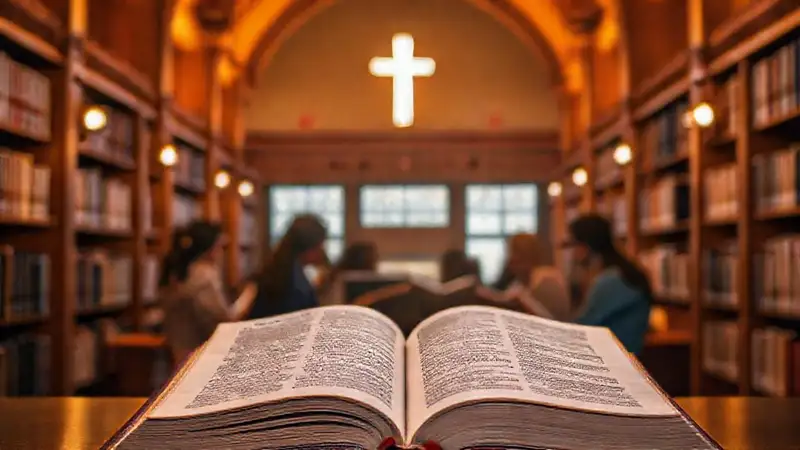 Estudiantes estudian en biblioteca con símbolos espirituales