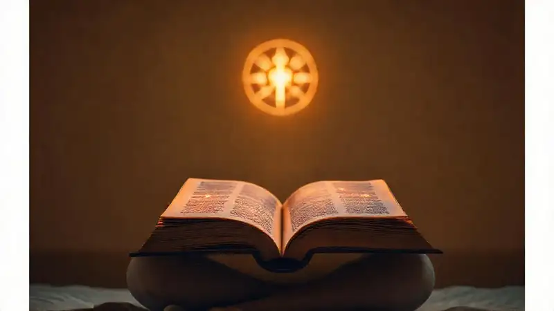 Biblia antigua con símbolos en un espacio sagrado