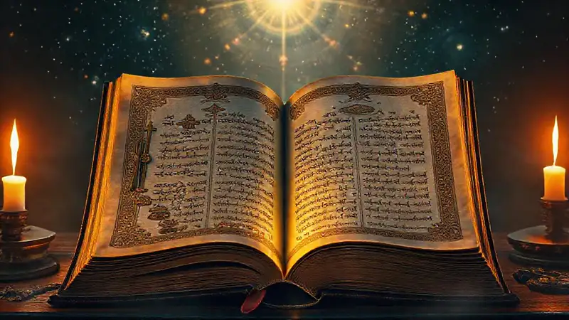 Libro antiguo brillante con símbolos religiosos