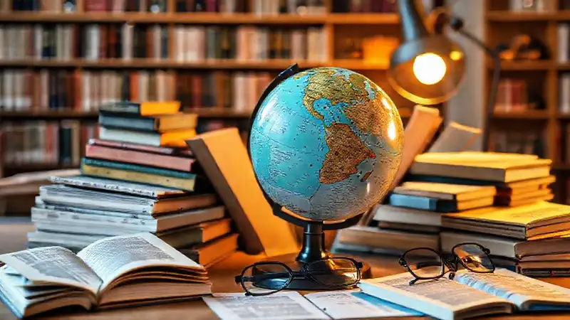 Biblioteca moderna con libros y notas educativas