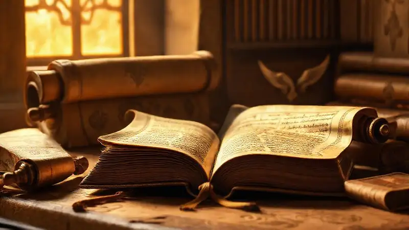 Manuscritos antiguos con símbolos religiosos y brillo