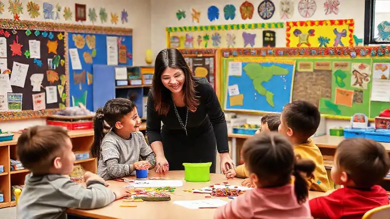 Aula infantil con profesores, niños y proyectos creativos