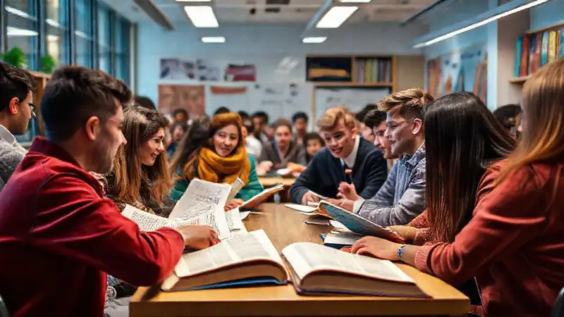Estudiantes debaten en aula moderna y diversa