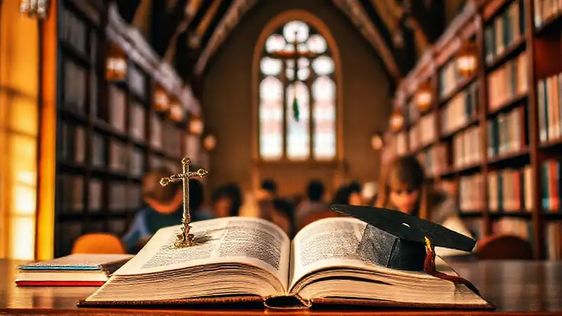Estudiantes estudian en biblioteca religiosa inspiradora