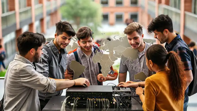 Estudiantes trabajan en mapa con tecnología y diversidad