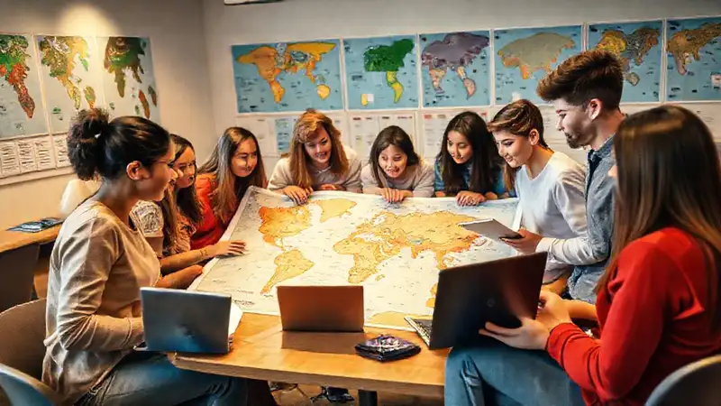 Estudiantes colaborando en un mapa interactivo