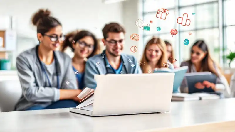 Estudiantes estudian salud con laptops y libros