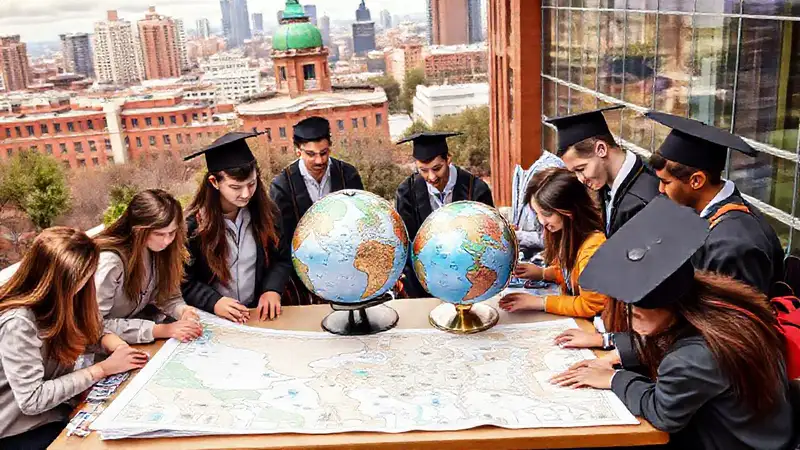 Campus universitario con estudiantes y herramientas geográficas