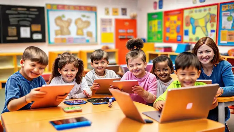 Aula digital vibrante y educativa con niños