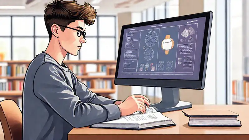 Estudiante estudiando en biblioteca con determinación