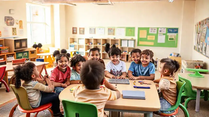 Aula inclusiva con niños diversos y colaborativos