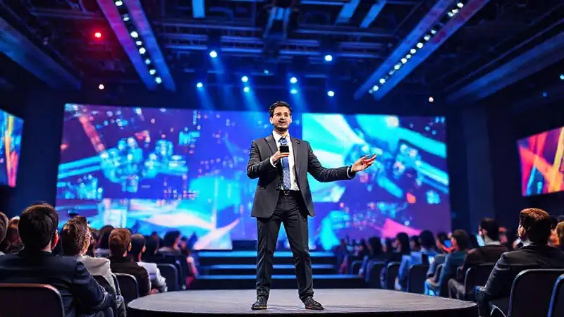 Presentador digital atractivo en escenario moderno