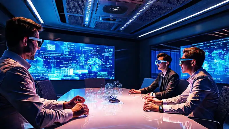 Sala futurista con hologramas y colaboración avanzada