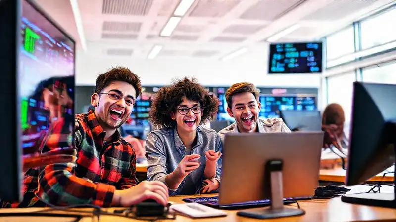 Estudiantes universitarios usan software colorido y moderno