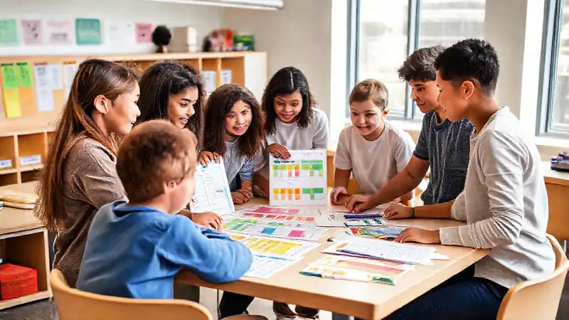Estudiantes colaborando en aula moderna y diversa