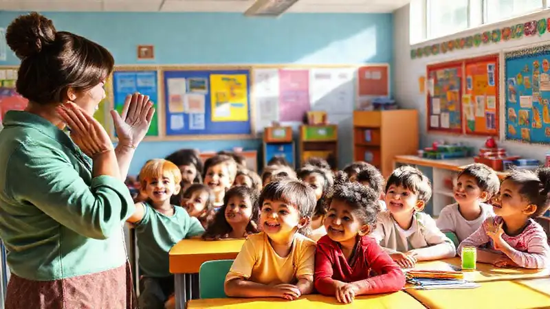 Aula colorida con niños alegres y recursos