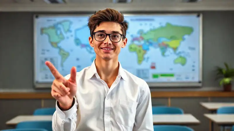 Estudiante seguro presenta en aula moderna