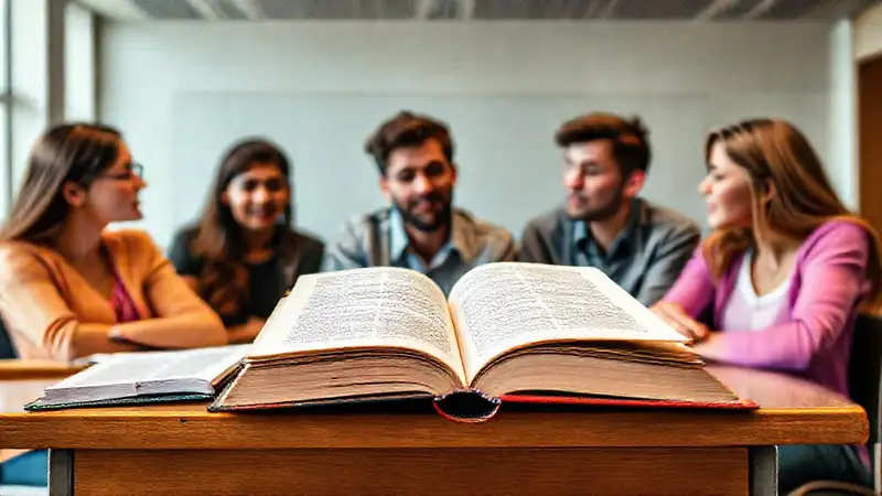 Estudiantes discuten en aula con libros de sociología