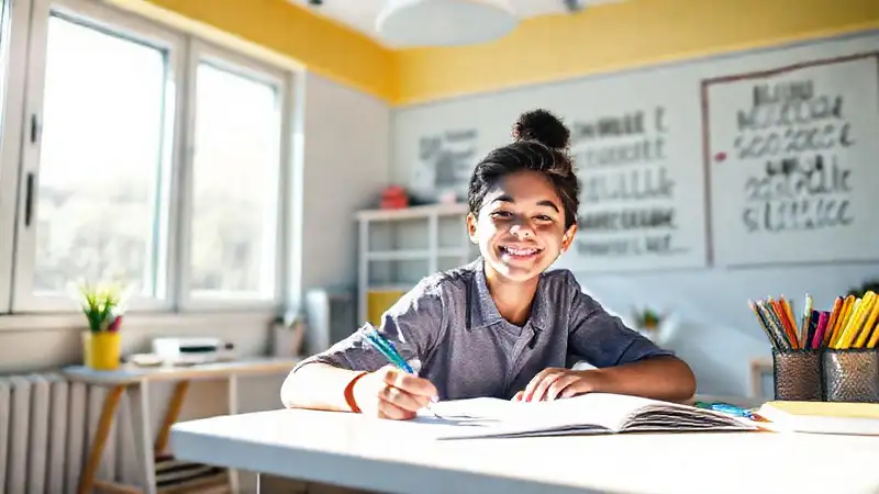 Estudiante feliz estudiando en un ambiente motivador