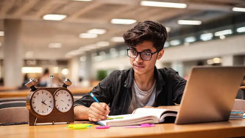 Estudiante concentrado en estudio en escritorio organizado