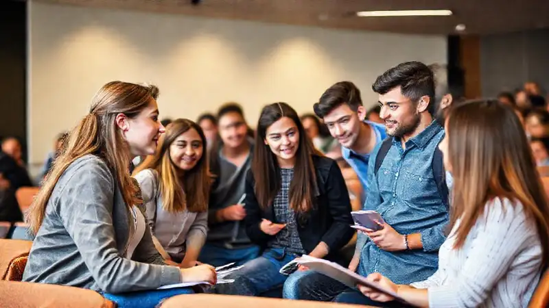 Estudiantes y tutor en aula moderna colaboran