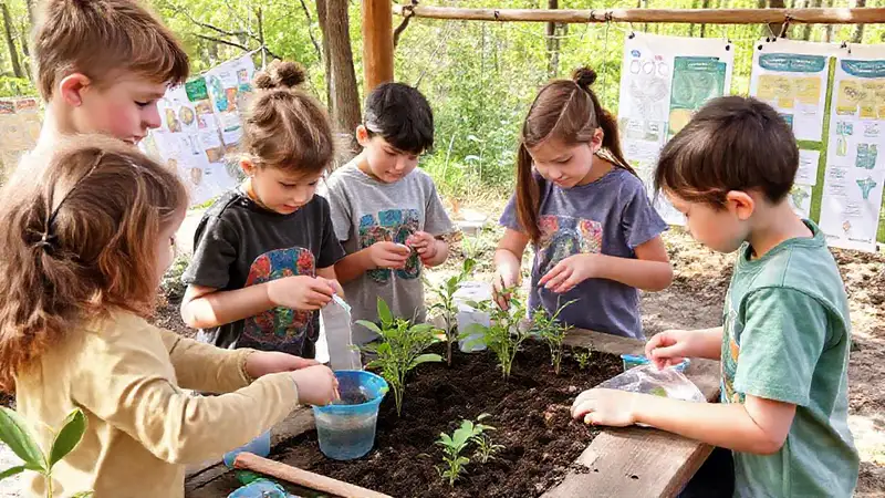 Estudiantes explorando naturaleza y aprendiendo colaborativamente